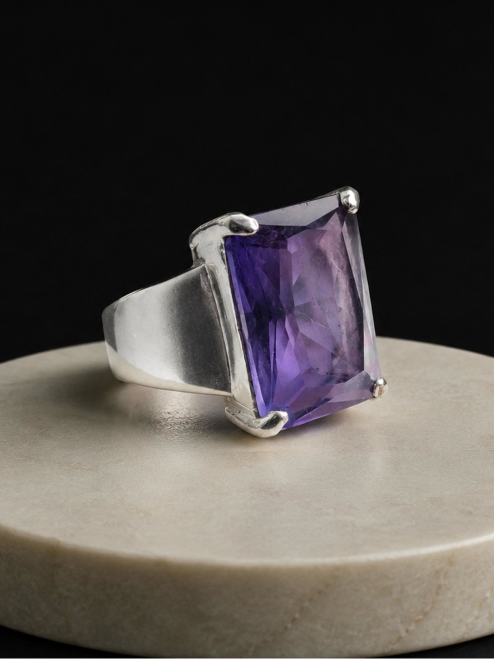 Sterling Silver Ring with Rectangular Purple Gemstone